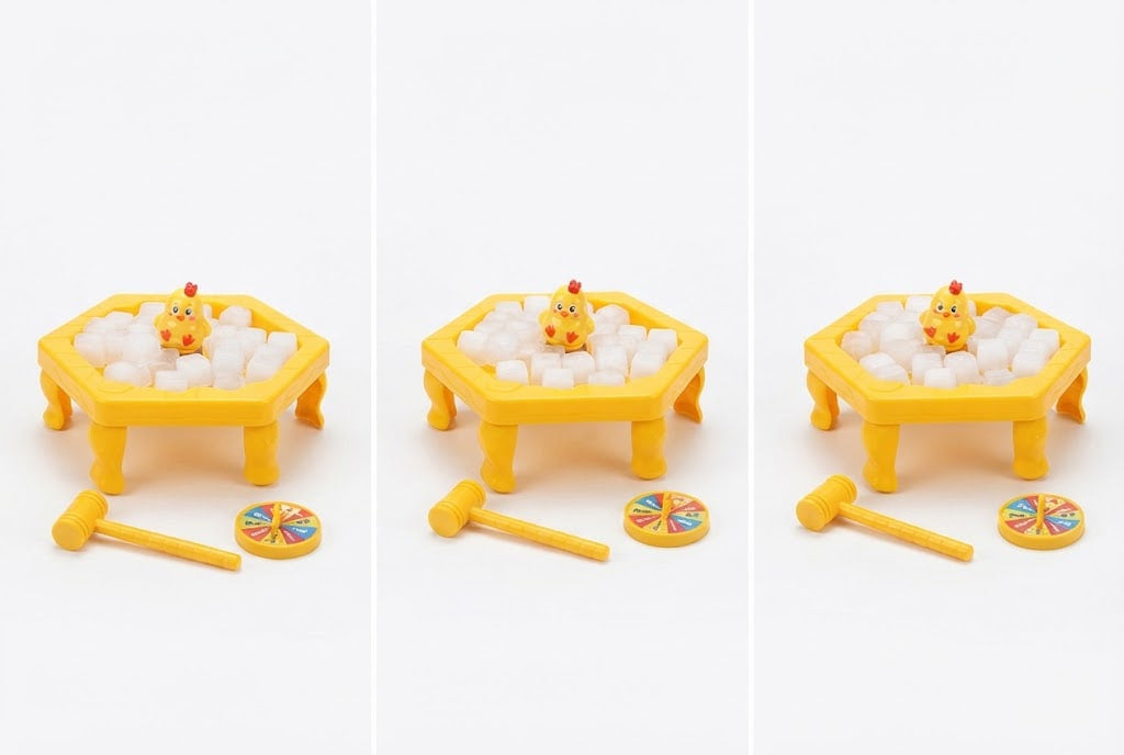 Three identical views of a miniature yellow toy bath table filled with white bath cubes, with a small yellow chick figure, a yellow mallet, and a round multicolor token on a white background.