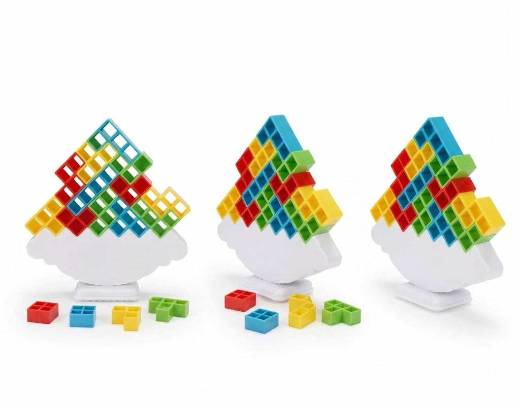 Three white cloud-shaped toy stands displaying colorful geometric block towers in red, yellow, green, and blue, with loose matching blocks scattered in front on a white background.