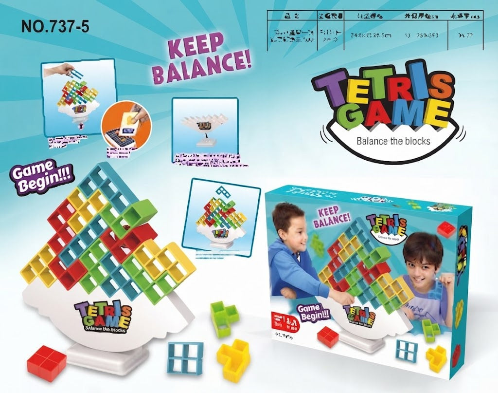 Tetris Game toy set with a colorful block stacking board, loose blocks, and the retail box on a bright blue background. The packaging shows children playing and the Tetris Game logo.