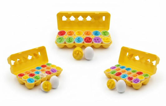 Three yellow plastic egg-shaped toy containers arranged on a white background, each holding colorful numbered round inserts and small white and yellow egg-shaped pieces.