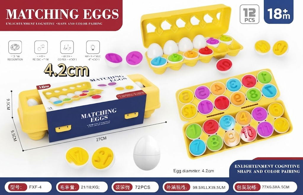 Matching Eggs educational toy set with a yellow egg carton, colorful round pegs, and a blue branded box, shown with dimensions, quantity, and age information on a white background.