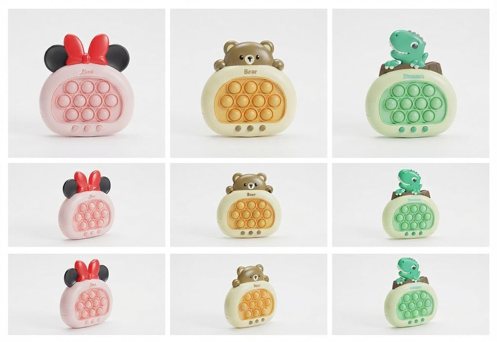 A 3x3 grid showing three variants of a baby sensory pop toy fidget spinner. The top row features a pink Minnie Mouse-style version with red bow and black ears, a beige bear version with a brown bear head, and a mint green dinosaur version with a green dinosaur head.