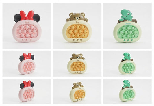 A 3x3 grid showing three variants of a baby sensory pop toy fidget spinner. The top row features a pink Minnie Mouse-style version with red bow and black ears, a beige bear version with a brown bear head, and a mint green dinosaur version with a green dinosaur head.