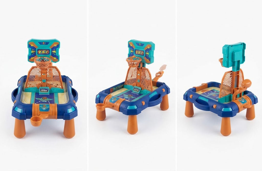 Three views of a toy basketball game table set on a white background, showing the front, side, and back angles of the blue, orange, and teal plastic toy.
