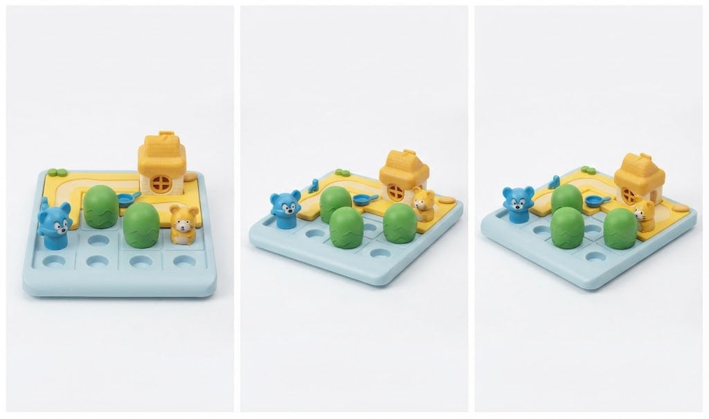 Three views of a children's wooden toy puzzle board on a white background. The light blue board features a yellow house, green pegs, and small blue animal pieces.