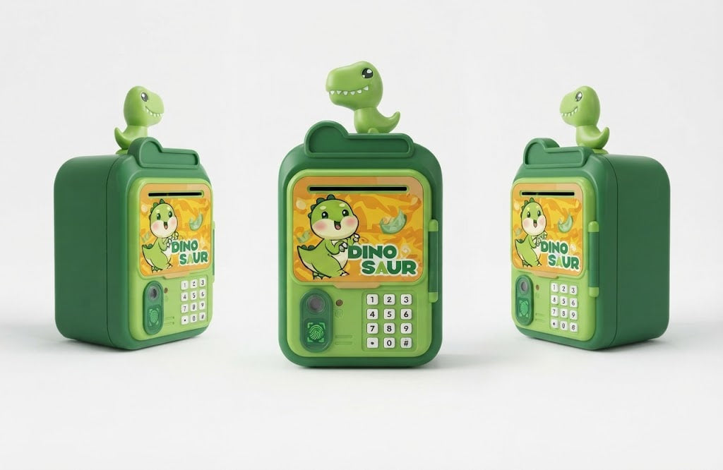 Three green toy safe banknotes with dinosaur-themed cartoon graphics and keypad details, displayed on a clean white background.