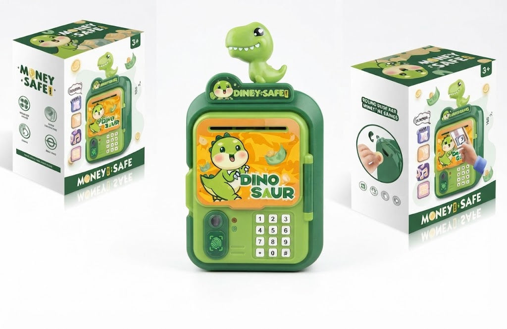A green toy money safe with a dinosaur design, shown in the center with its retail packaging boxes on both sides against a white background.