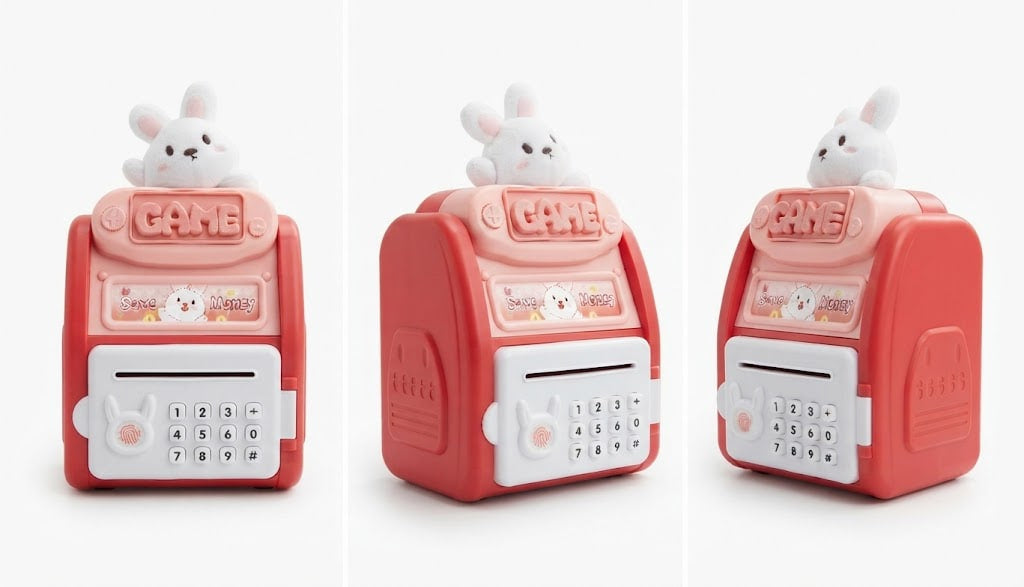 Three views of a small toy cash register with a white bunny figure on top, shown on a plain light background.