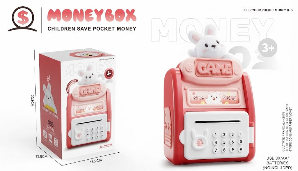 A children's save pocket money toy set shown with its retail box on a white background. The toy cash register is pink and white with a small white bunny on top, a keypad, and a coin slot.