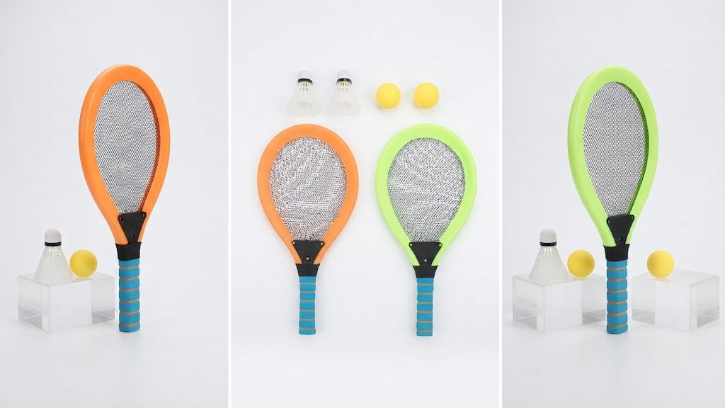 Three views of a children's paddle net toy set on a white background, showing orange and green paddle frames with blue striped handles, accompanied by yellow balls and white shuttlecocks.