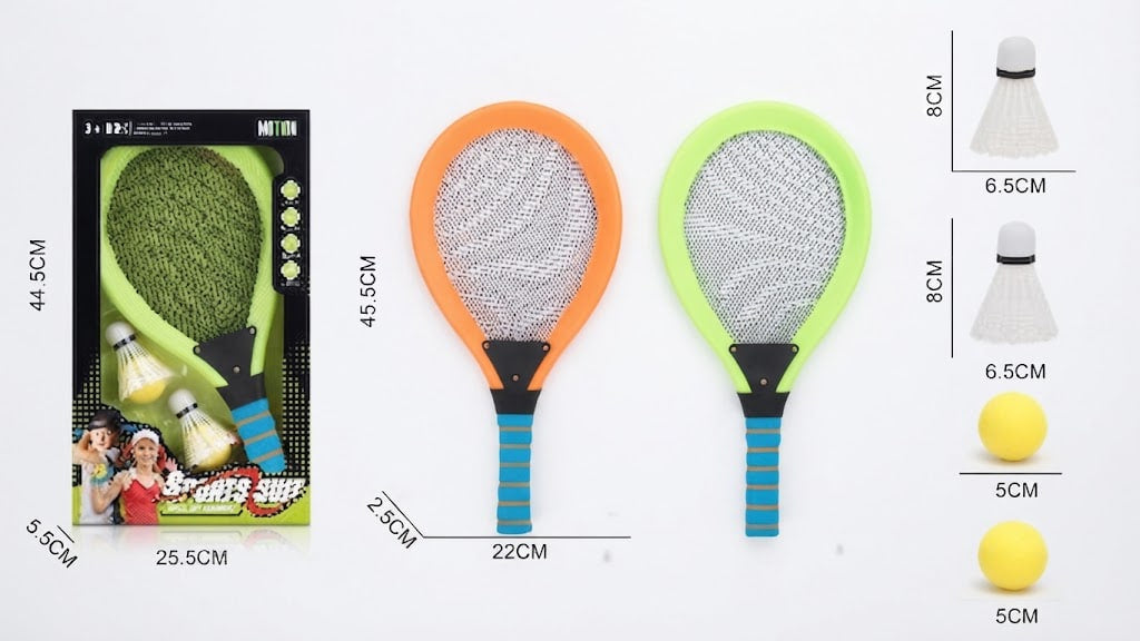 Two kids' badminton paddle sets shown with dimension labels, alongside a retail box and small shuttlecocks and balls. The left paddle has a green frame and net, and the right paddle has an orange frame and net.