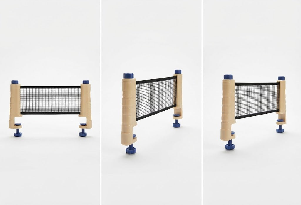 A three-panel product display showing a small portable tennis net from different angles on a clean white background. The net has light wood-colored corner posts, a black mesh center, and blue plastic caps and feet.