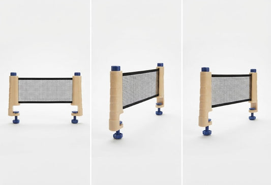 A three-panel product display showing a small portable tennis net from different angles on a clean white background. The net has light wood-colored corner posts, a black mesh center, and blue plastic caps and feet.