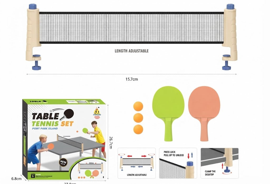 Table tennis set shown on a white background with a large net at the top, the retail box at lower left, two paddle colors (green and peach), three orange balls, and small inset diagrams explaining adjustability and assembly.