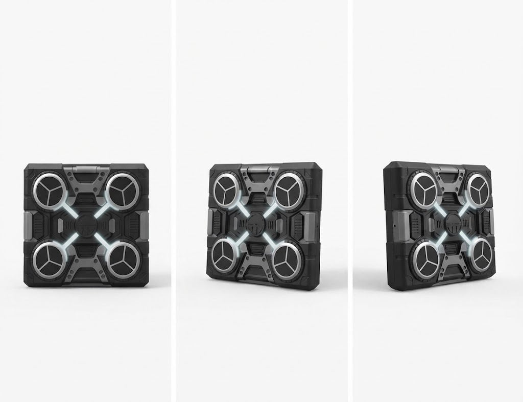 Three views of a futuristic black rectangular device with circular silver and white details, shown on a clean white background.