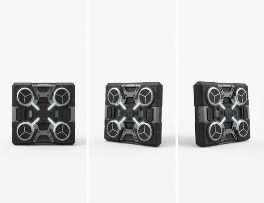 Three views of a futuristic black rectangular device with circular silver and white details, shown on a clean white background.
