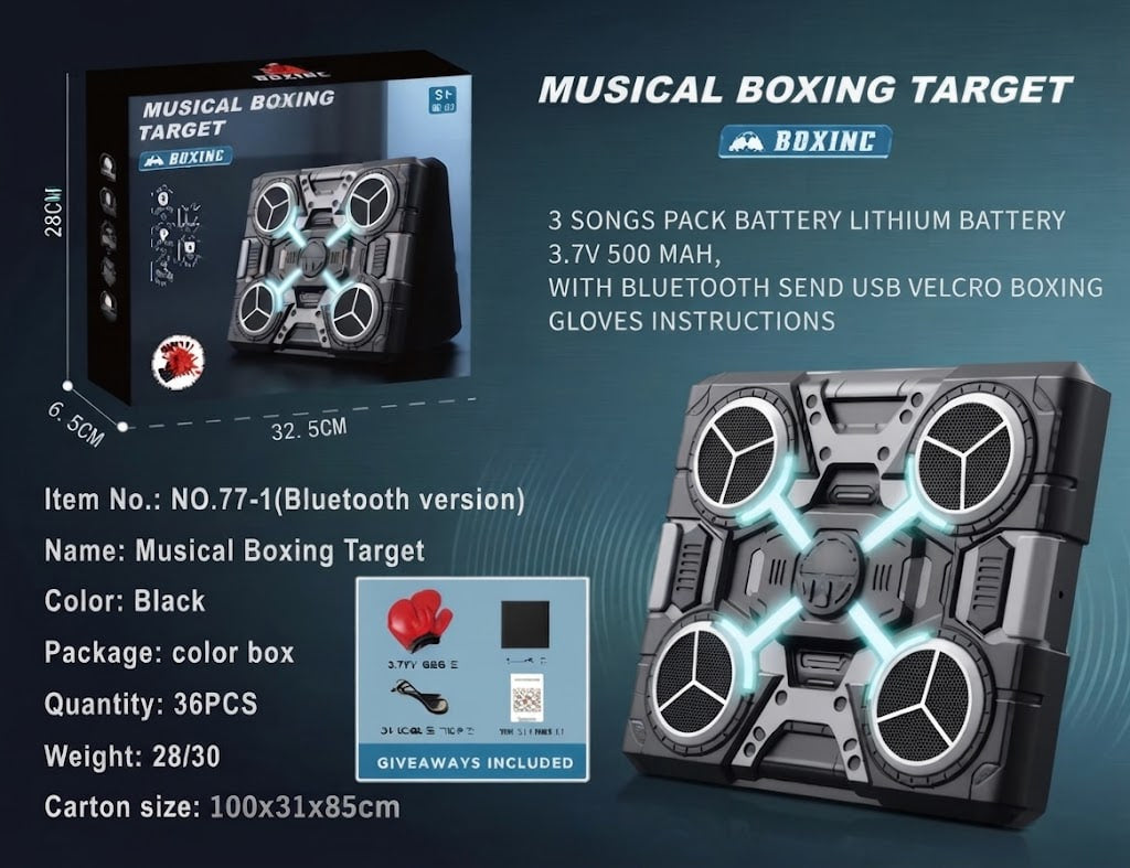 Musical Boxing Target by BOXINC, a black square electronic device with glowing blue circular lights, shown alongside its retail box, product specifications, and a small accessory inset on a dark blue graphic background.