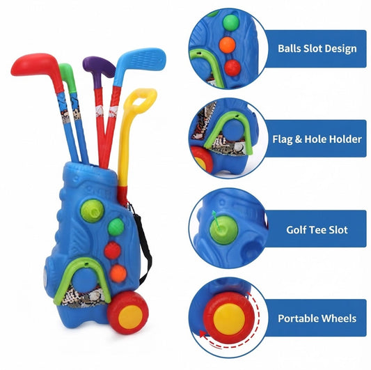 Blue toy golf bag with colorful toy golf clubs and wheels, shown on a white background with four circular callout insets labeled Balls Slot Design, Flag & Hole Holder, Golf Tee Slot, and Portable Wheels.