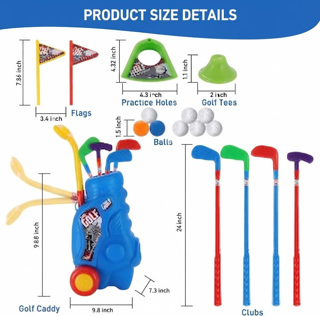 Product size details diagram for a toy golf set, showing the golf bag, golf caddy, clubs, flags, tees, and balls with labeled dimensions on a white background with a blue header.