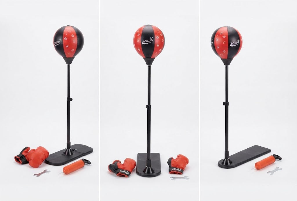 Three views of a boxing training set on a white background, including a red and black hanging speed bag on a black stand, red boxing gloves, an orange pump, and a black rectangular accessory.