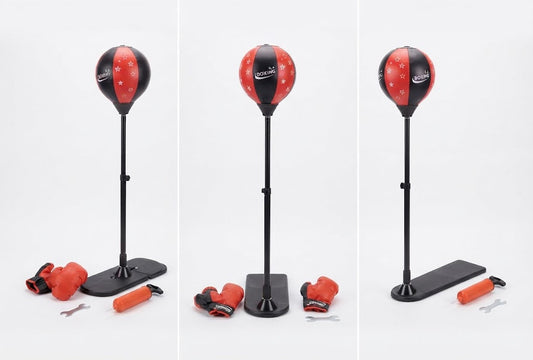Three views of a boxing training set on a white background, including a red and black hanging speed bag on a black stand, red boxing gloves, an orange pump, and a black rectangular accessory.