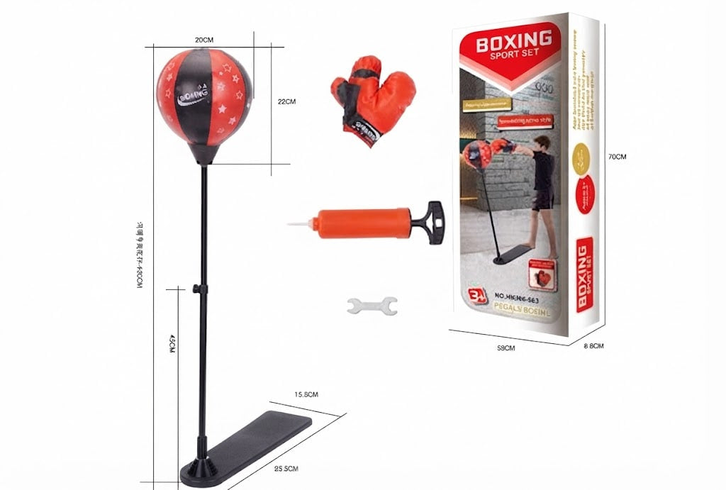 Boxing sport set shown with a punching bag on stand, boxing gloves, pump, wrench, and retail box on a white background with measurement annotations.