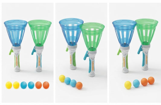 Three panels show a toy set with two plastic cups, one blue and one green, attached to white handles with colored grips, plus several small balls in yellow, blue, orange, and light blue arranged below. The background is a clean white studio backdrop.