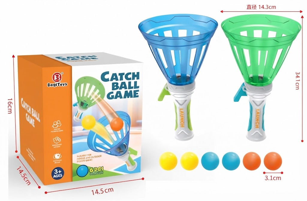 Catch Ball Game toy set shown with its retail box, two colored plastic ball-catching cups, four small balls, and dimension callouts on a white background.