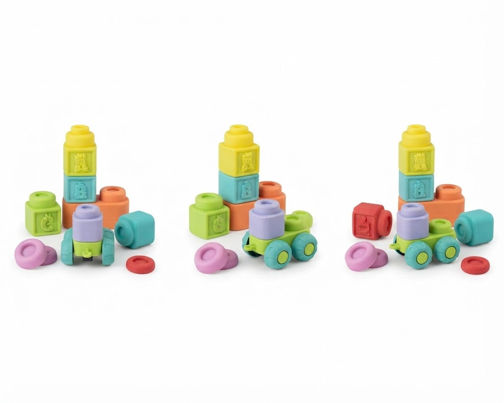 Three sets of colorful children's building blocks and toy cars arranged on a plain white background.