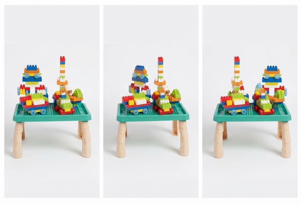 Three views of a children's wooden toy table set with colorful building blocks and small toy structures, shown on a clean white background.