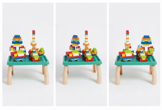 Three views of a children's wooden toy table set with colorful building blocks and small toy structures, shown on a clean white background.