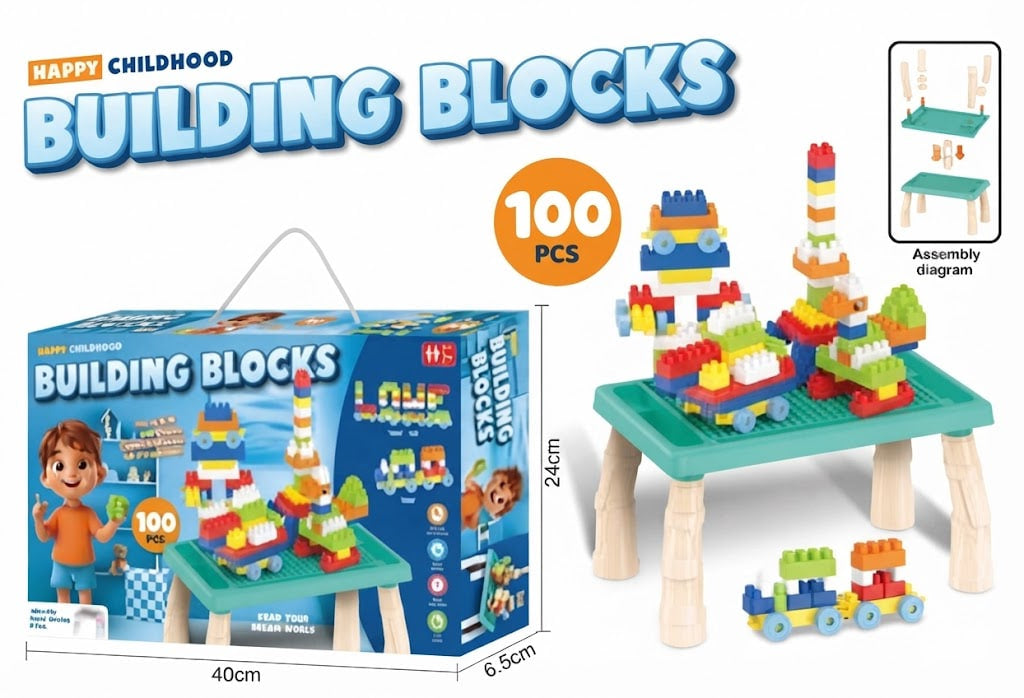 Happy Childhood Building Blocks toy set shown with its retail box, a small wooden table, colorful building blocks, and an assembly diagram inset on a white background.