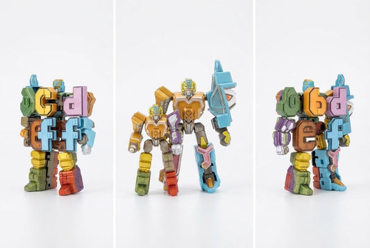 Three views of a colorful toy robot assembled from oversized block letters, shown on a clean white background.