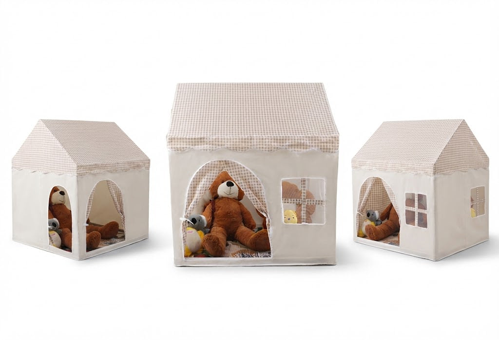 Three small house-shaped fabric play tents in different sizes, shown on a plain white background. Each tent has a beige and white gingham patterned roof, a cream fabric body, and a window or arched opening with a stuffed teddy bear sitting inside.