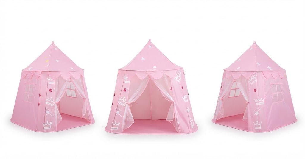 Three pink play tents with white castle and crown illustrations, shown from different angles on a plain white background.