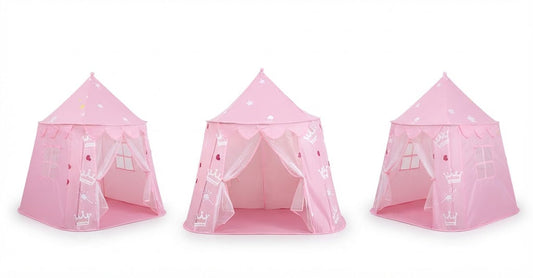 Three pink play tents with white castle and crown illustrations, shown from different angles on a plain white background.
