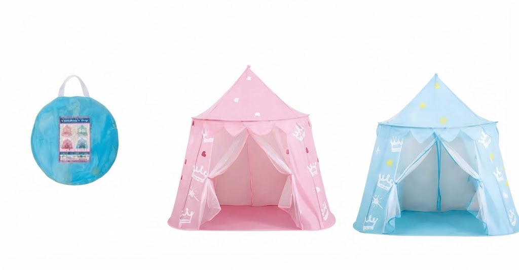Two children's play tents shown on a white background, one pink and one light blue, alongside a round blue carrying bag with a printed insert.
