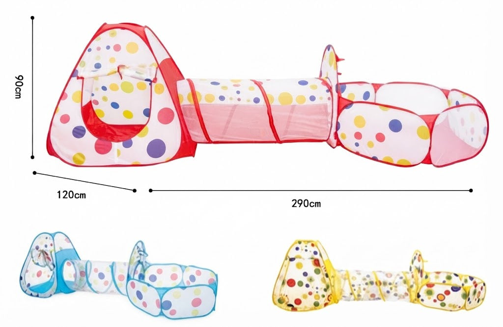 A children's pop-up play tent and tunnel set shown on a white background with dimension lines indicating 120 cm width, 290 cm length, and 90 cm height. The main view shows a pink, white, and multicolor polka-dot tunnel with a small enclosed play area.