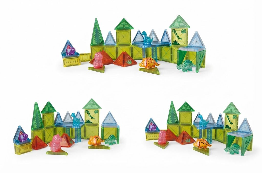 Dinosaur Magnetic Tiles 44 PCS | 3D STEM Building Blocks Set with Dino Figures for Kids Ages 3+