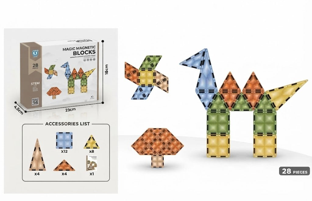 28 Pcs Magnetic Tiles – Starter 3D Building Blocks & Geometric Construction Set