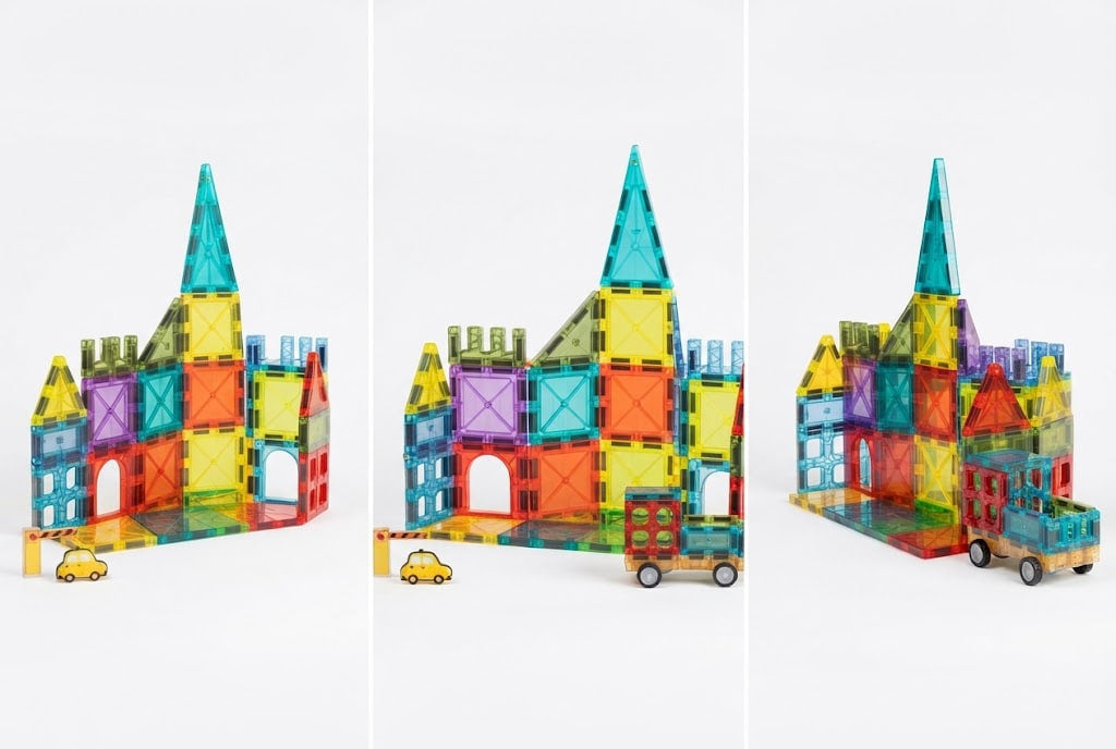 Three views of a colorful magnetic building toy set arranged to form a castle-like structure with small toy cars, shown on a clean white background.