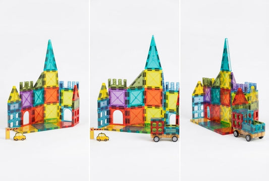 Three views of a colorful magnetic building toy set arranged to form a castle-like structure with small toy cars, shown on a clean white background.