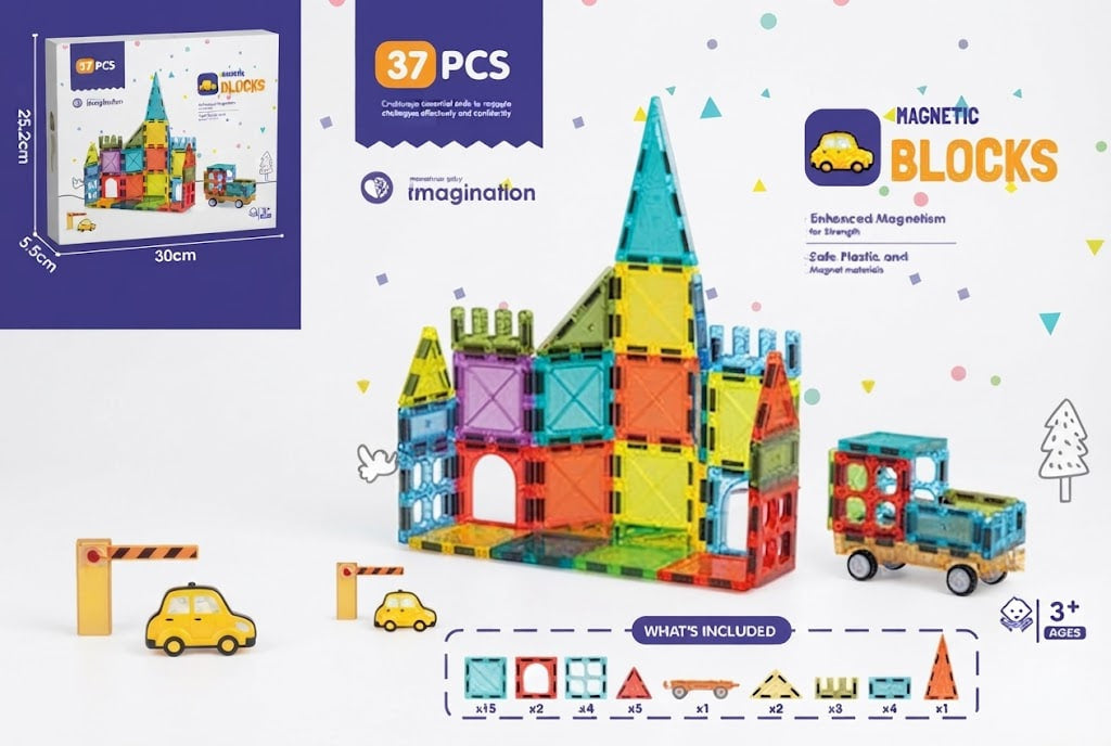 Magnetic building blocks toy set with a castle structure, a small truck, and road barriers on a white background, with packaging and feature callouts including '37 PCS', 'MAGNETIC BLOCKS', and 'imagination'.