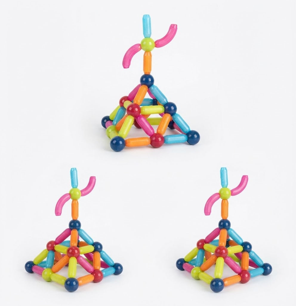 Three colorful magnetic building toy structures made of interlocking rods and balls, arranged on a plain white background.