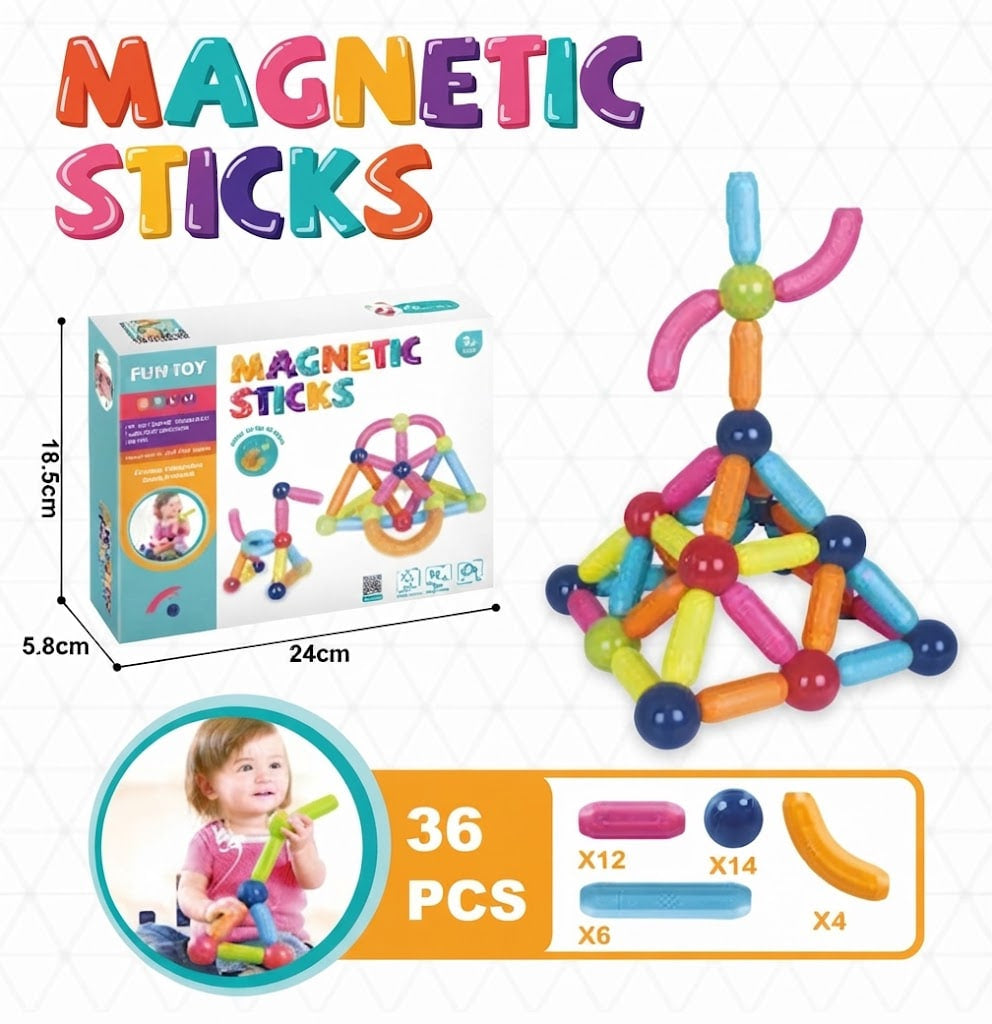 Magnetic building sticks toy set shown with its retail box, assembled colorful structure, quantity details, and a small lifestyle inset of a child playing. The product is presented on a white patterned background with multicolored text reading 'MAGNETIC STICKS'.