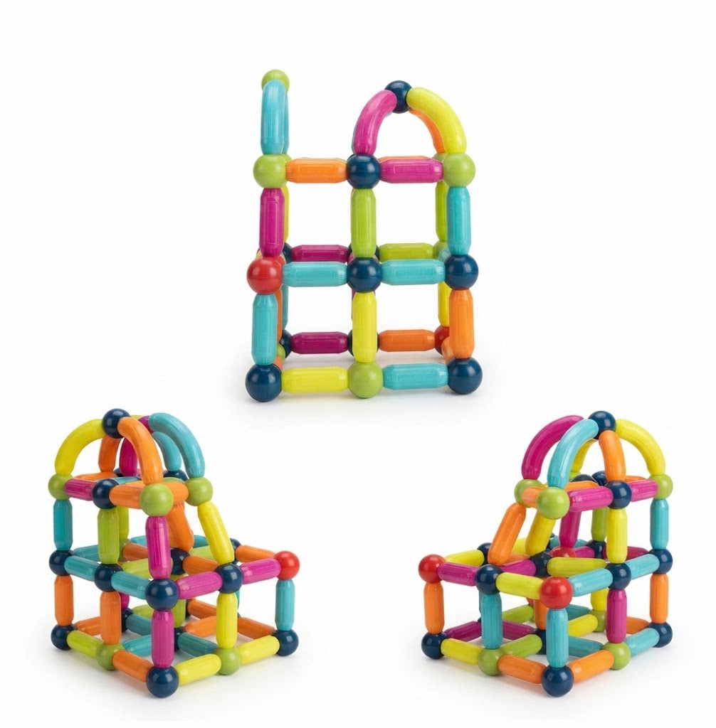 Three colorful magnetic building toy structures made of interlocking plastic rods and balls, shown on a plain white background.