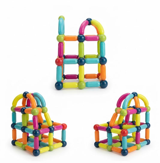 Three colorful magnetic building toy structures made of interlocking plastic rods and balls, shown on a plain white background.