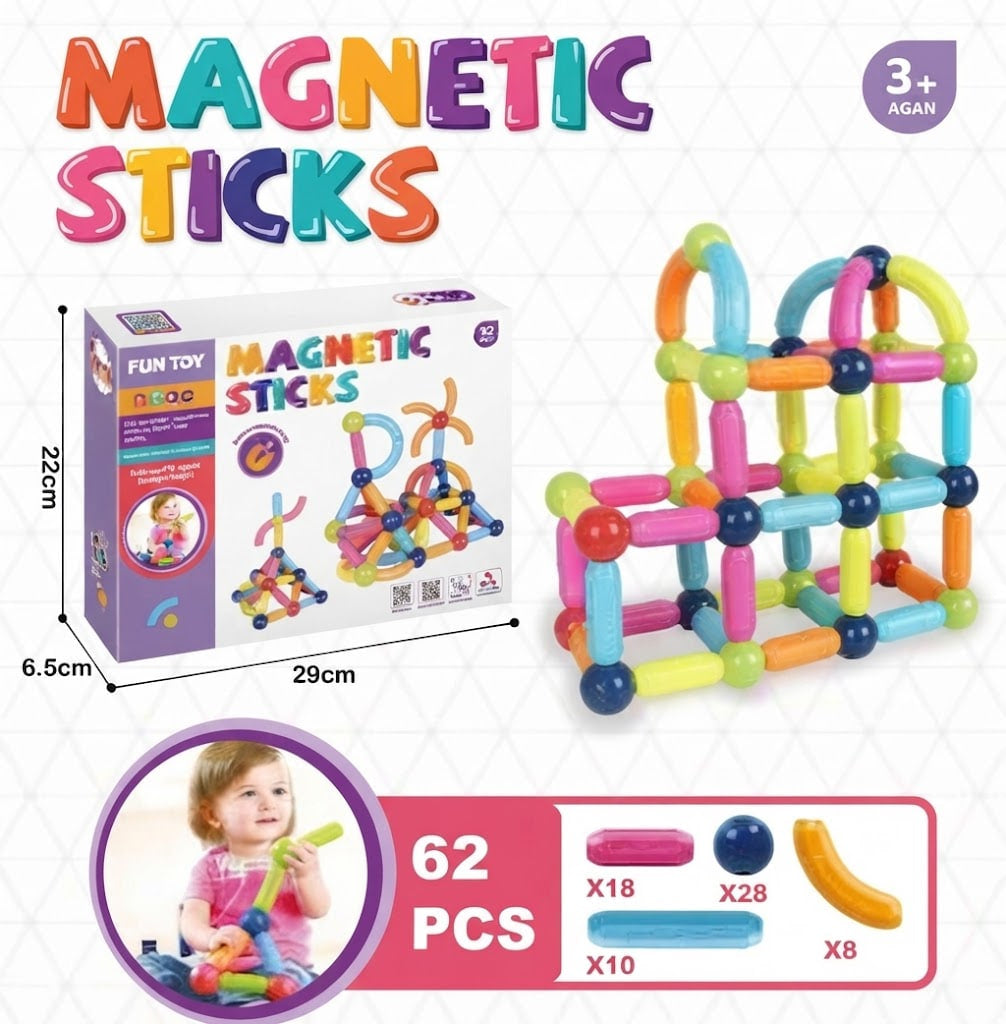 Magnetic building sticks toy set shown with its retail box, a colorful constructed structure made of the sticks, dimensions of the box, a small photo of a child using the toy, and a piece count graphic indicating 62 pieces.