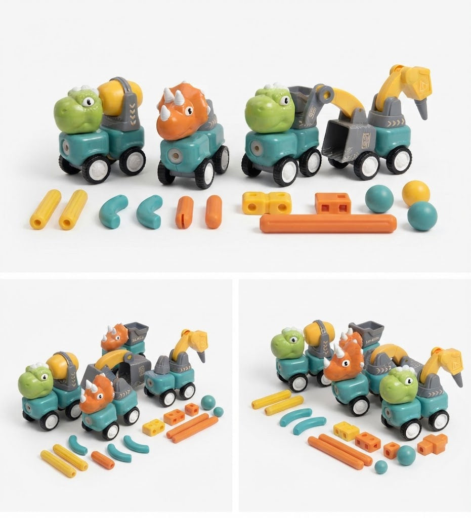 Three views of a children's building toy set featuring dinosaur-shaped construction vehicles and colorful loose blocks on a white background.