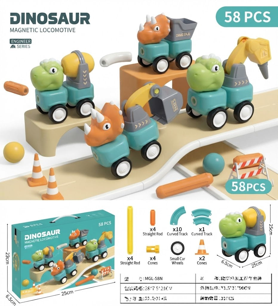 Magnetic dinosaur toy train set with 58 pieces, featuring colorful wooden toy trains shaped like different dinosaurs in teal, orange, and green colors, along with construction accessories such as cones, balls, and tracks on a white background with product details and dimensions.
